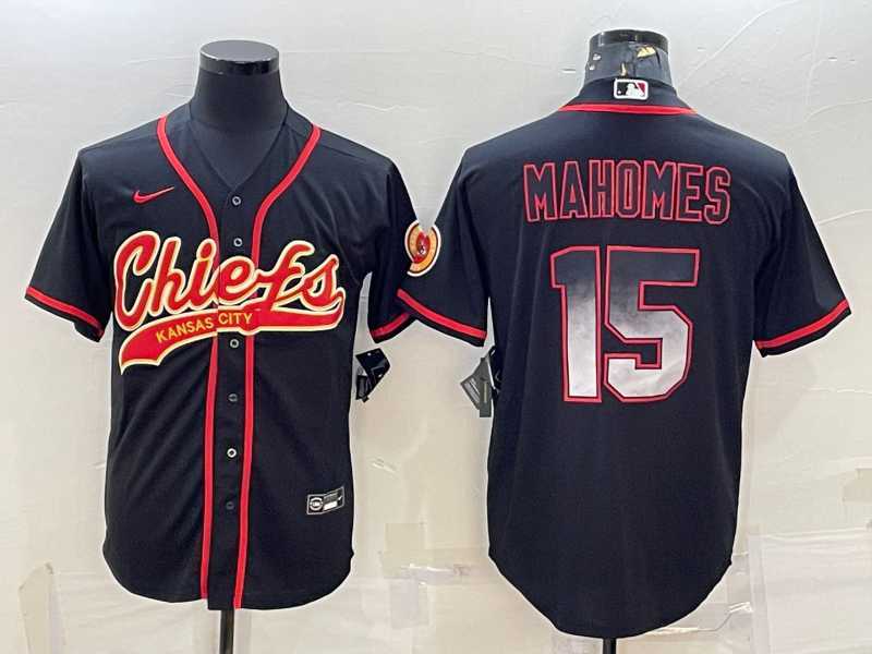 Mens Kansas City Chiefs #15 Patrick Mahomes Black Gold With Patch Smoke Cool Base Stitched Baseball Jersey